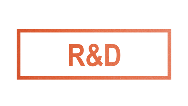 R&D. stamp with rough texture, rectangular frame.