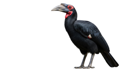 Isolated Hornbill standing profile, beautiful African bird with striking red facial markings