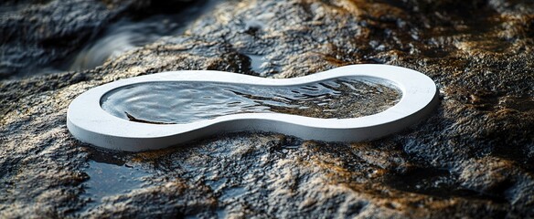 A minimalist, off-white, kidney-shaped basin rests on dark, textured rocks, partially filled with clear water reflecting light. The water appears calm, with subtle ripples