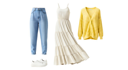 Outfit Laydown Featuring Light Blue Jeans White Sneakers Dress and Yellow Knit Cardigan PNG