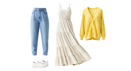 Outfit Laydown Featuring Light Blue Jeans White Sneakers Dress and Yellow Knit Cardigan PNG