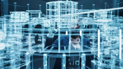 African american woman architect or engineer using an advanced cybernetic hand with glowing lights to manipulate a holographic architectural model in a futuristic dark lab or office setting - Powered by Adobe