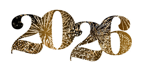 2026 New Year logo, gold fireworks number isolated