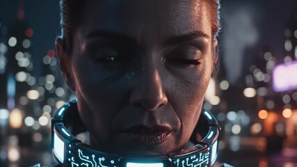 Woman with bionic eyes and luminous collar glowing with circuit patterns against a blurred cyberpunk night cityscape, symbolizing ai-human integration and futuristic technology - Powered by Adobe