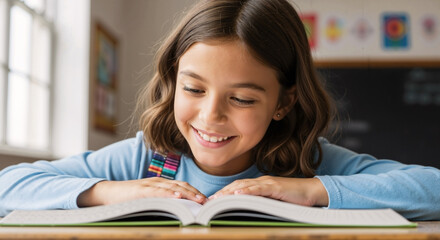 
A smiling young girl with wavy brown hair reads an open book on a desk in a bright classroom, showing happiness and focus.