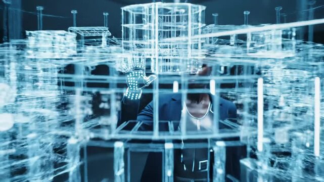 African american woman architect or engineer using an advanced cybernetic hand with glowing lights to manipulate a holographic architectural model in a futuristic dark lab or office setting - Powered by Adobe