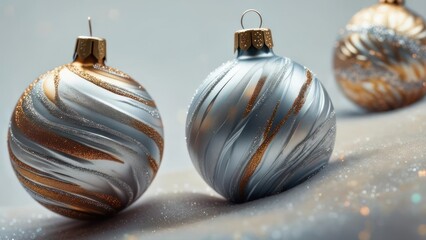 Three decorative ornaments with swirling silver, gold, and silver-blue designs, sparkly background