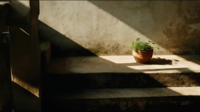A sunlit, aged structure hosts a potted plant on steps, bathed in shadow and light