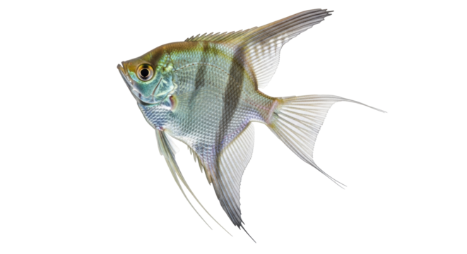 Isolated freshwater angelfish swimming in studio, tropical aquarium animal, pet with dorsal fin
