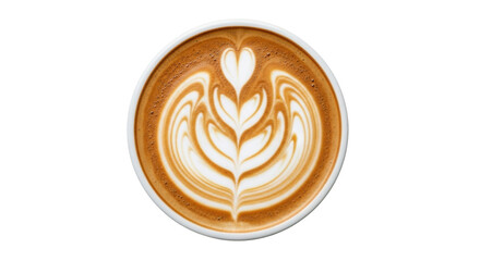 Isolated cappuccino coffee with foamy heart and fern latte art design for cafe or shop