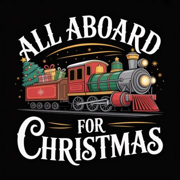 All Aboard for Christmas train with gifts and tree