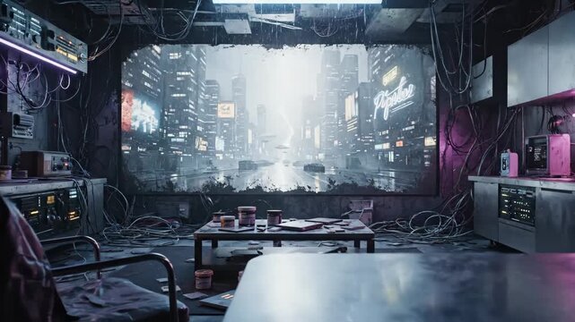 Dystopian apartment interior showing a chaotic living space with wires and debris, overlooking a rainy futuristic city with flying vehicles and glowing neon signs through a large window