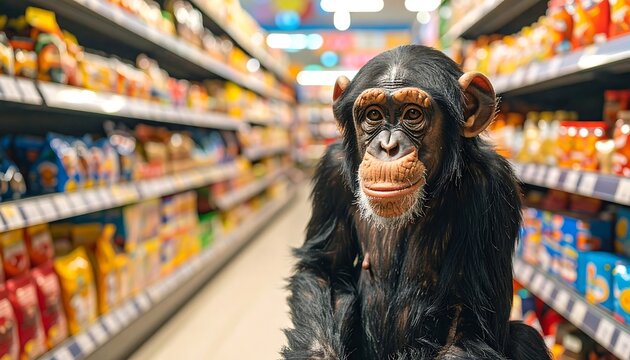 A chimpanzee sits upright in a supermarket aisle amongst groceries, looking directly at the viewer, unfazed