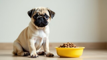 A small pug dog sits next to a bowl of food, ready for a meal