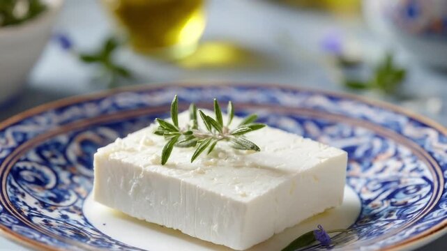 A pristine block of white dairy cheese, delicately garnished with a fresh sprig of rosemary, takes center stage on an exquisitely patterned blue and white ceramic plate. The background is softly blurr