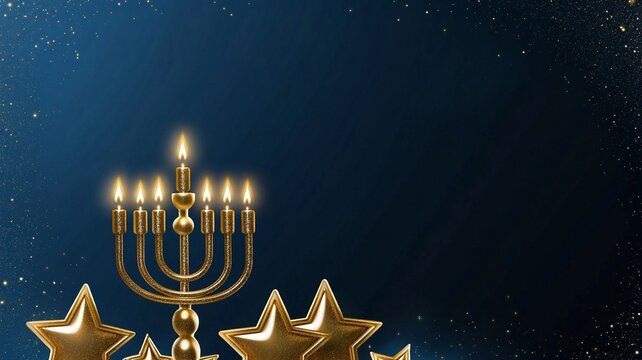 Golden Menorah and Star Decor on Blue Background, Hanukkah Design Element (Suitable for Hanukkah Decoration, Festive Design, Greeting Card Materials, etc.)