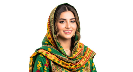 Portrait of Smiling Woman Wearing Green and Yellow Patterned Headscarf with Matching Dress PNG