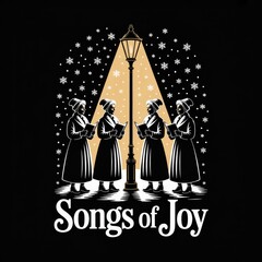 Carolers singing under a street lamp with falling snow