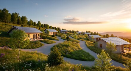 Eco Friendly Cottages with Solar Panels Nestled on a Hillside at Sunset Showcasing Sustainable Living and Renewable Energy