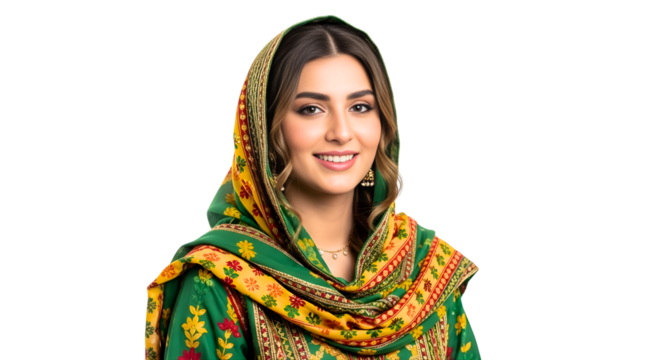 Portrait of Smiling Woman Wearing Green and Yellow Patterned Headscarf with Matching Dress PNG - Powered by Adobe