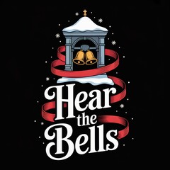 Christmas bells in a snow-covered tower with red ribbon