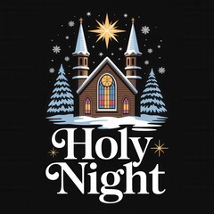 Christmas Church Scene with Holy Night Text building
