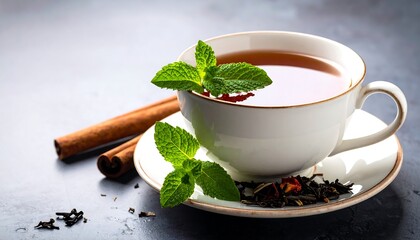 A cup of tea garnished with mint and cinnamon sticks on a saucer sits against a dark background