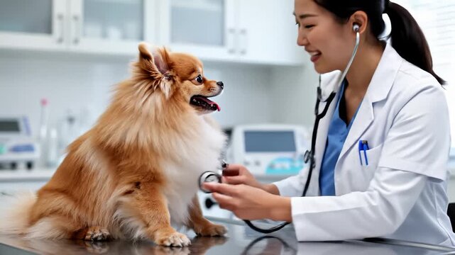 Veterinarian Examining Pomeranian Dog With Stethoscope in Clinic