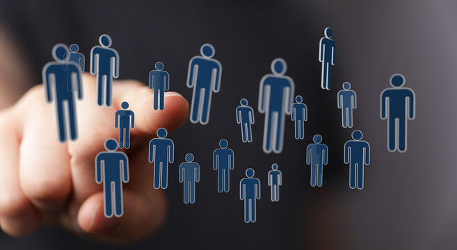 Abstract business concept representing team, digital network and teamwork with human silhouettes pointing towar