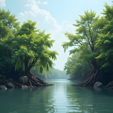 Tropical mangrove toots vs willow trees on a river bank 