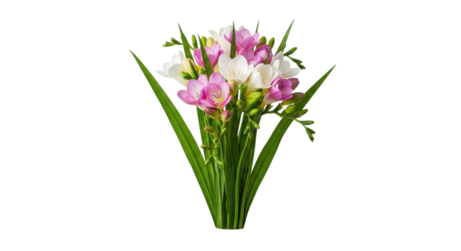Isolated freesia blooms with green leaves for spring season arrangements and romantic displays