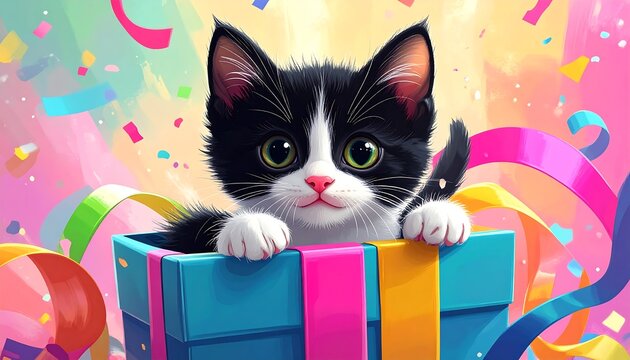 A cute, black-and-white kitten in a blue present box amidst colorful confetti and ribbons against a pastel backdrop