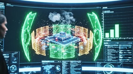 Woman analyzing data on large curved display, touching a 3D model with virtual overlay - Powered by Adobe