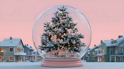 Decorative snow globe featuring a Christmas tree set against a pastel winter neighborhood background