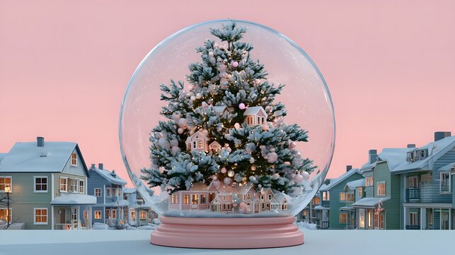 Decorative snow globe featuring a Christmas tree set against a pastel winter neighborhood background