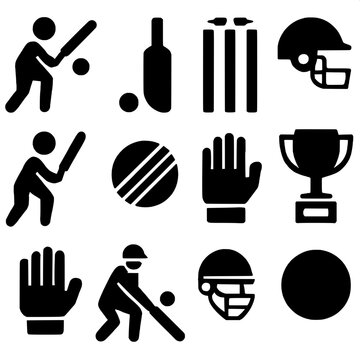 Stylized black icons of cricket gear and players, including a batsman, cricket bat, stumps, helmet, and ball, displayed in a 3-row, 4-column arrangement. The composition is graphic and flat, with cons