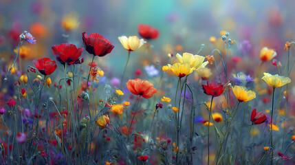 Field of vibrant red yellow and orange poppies with purple accents wildflowers