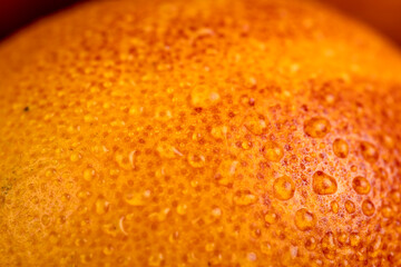 ripe fresh red-orange oranges with juicy flesh covered with drops of water on a wooden table, fresh sweet and wet oranges with an unusual red color on the table, close up