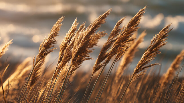 Tall beach grass swaying in the coastal breeze under golden sunlight.
