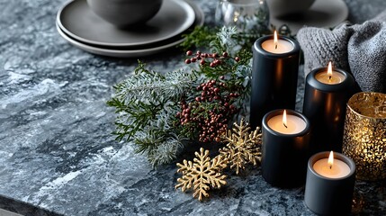Black candles with evergreen branches, ornaments, and gold accents arranged in a modern winter holiday composition
