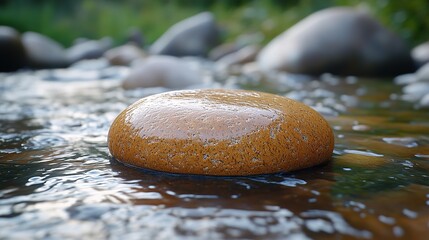 A close-up shot of a smooth, amber-colored river stone partially submerged in shallow, flowing water.  Other rocks and blurred greenery form a natural background
