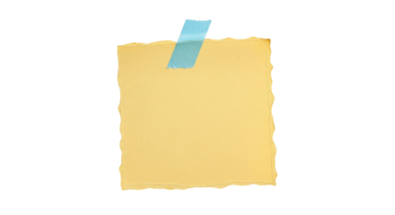 Isolated yellow sheet of crumpled paper with torn edges and light blue tape attached to it