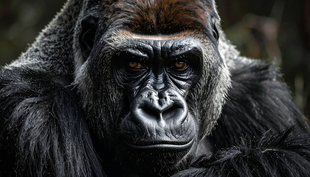 A close-up shot showcases a focused gorilla with deep, expressive eyes amidst a dark and lush natural setting