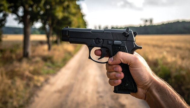 A hand holds a pistol pointed down a dirt road amidst field and trees, on a sunny day