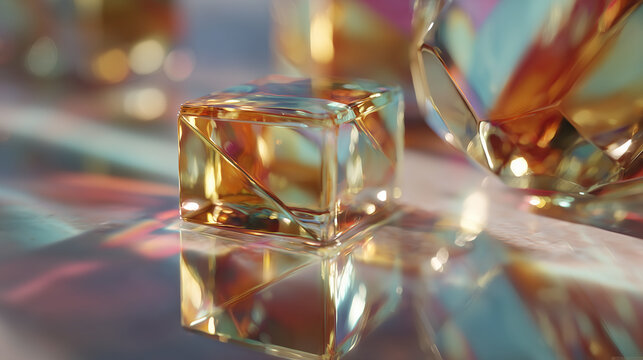 Transparent crystalline cubes reflect multicolored light, forming a soft shimmering abstract composition with depth and clarity.
 - Powered by Adobe