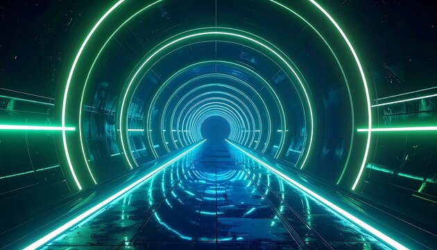 A futuristic tunnel, blue and green neon lights forming concentric circles disappearing into the distance