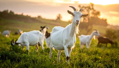 Obraz premium A herd of goats graze in a sunlit green field, their white coats reflecting the golden hour glow on the rolling hills