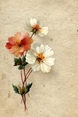 Vintage watercolor floral illustration on textured paper &ndash; hand-painted white and peach blossom stem, delicate botanical art print with soft natural colors