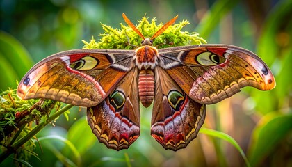 A giant moth sits perfectly still with open wings atop a mossy branch with blurred green foliage background