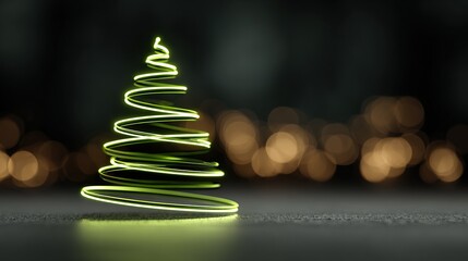 A minimalist modern Christmas tree concept image, composed of two glowing green geometric lines, elegantly arranged on a dark background, creating a festive yet modern atmosphere with soft bokeh.